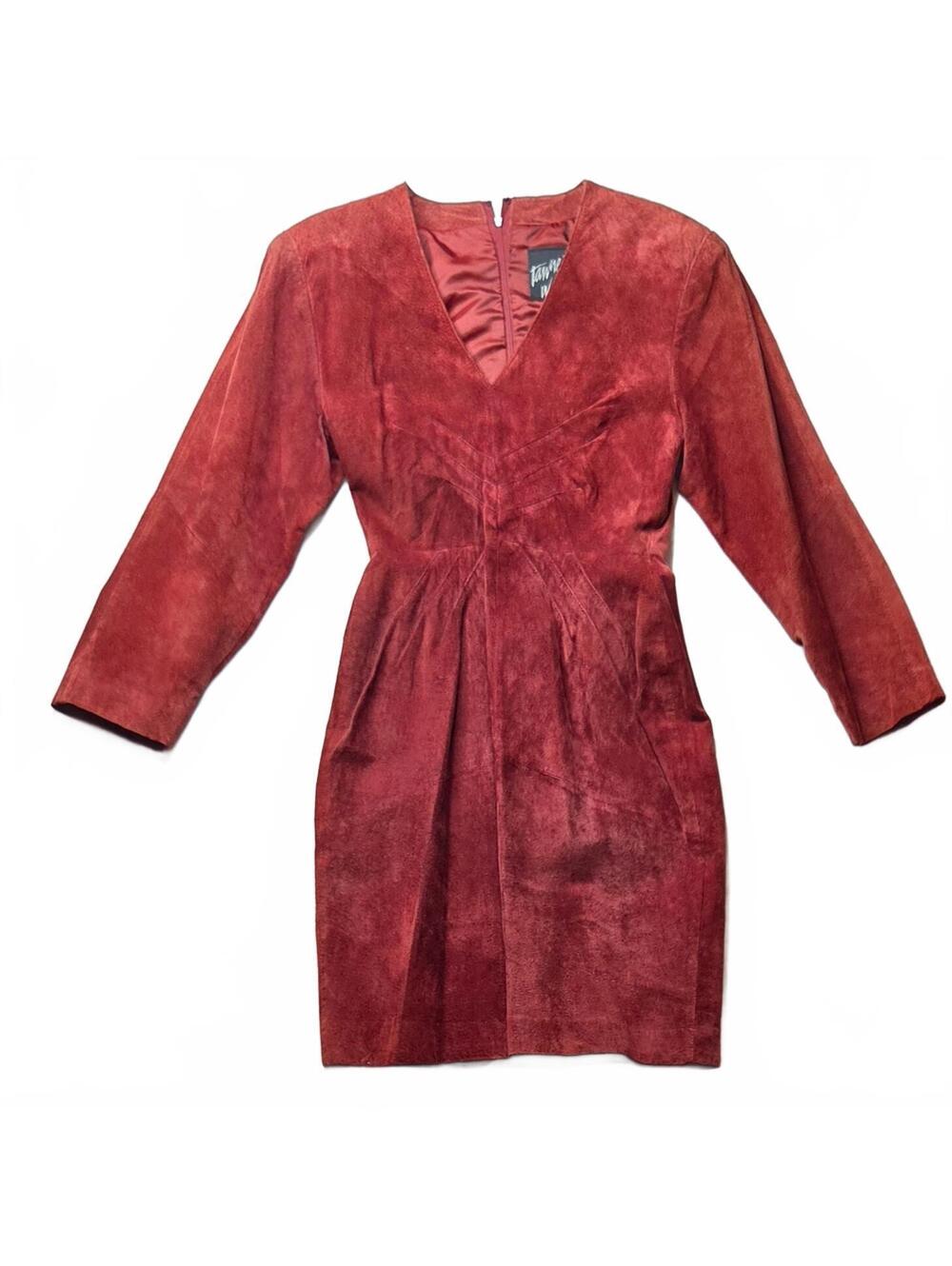 Vintage 80s Tannery West Red Suede Dress Size 6 NWOT V-Neck Long Sleeve Mini